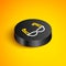 Isometric line Sport cycling sunglasses icon isolated on yellow background. Sport glasses icon. Black circle button