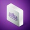 Isometric line Stack of pancakes icon isolated on purple background. Baking with syrup and cherry. Breakfast concept