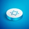 Isometric line Star of David icon isolated on blue background. Jewish religion symbol. Symbol of Israel. White circle