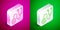 Isometric line Stethoscope medical instrument icon isolated on pink and green background. Silver square button. Vector