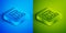 Isometric line Stonehenge icon isolated on blue and green background. Square button. Vector