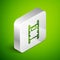 Isometric line Stretcher icon isolated on green background. Patient hospital medical stretcher. Silver square button