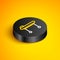 Isometric line Stretcher icon isolated on yellow background. Patient hospital medical stretcher. Black circle button