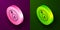 Isometric line Subsets, mathematics, a is subset of b icon isolated on purple and green background. Circle button