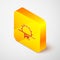 Isometric line Sunset icon isolated on grey background. Yellow square button. Vector