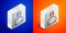 Isometric line Swimmer athlete icon isolated on blue and orange background. Silver square button. Vector