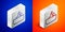 Isometric line Swimmer athlete icon isolated on blue and orange background. Silver square button. Vector