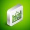 Isometric line Taj Mahal mausoleum in Agra, Indiaicon isolated on green background. Silver square button. Vector