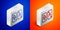 Isometric line Tarot cards icon isolated on blue and orange background. Magic occult set of tarot cards. Silver square