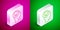 Isometric line Toothache icon isolated on pink and green background. Silver square button. Vector