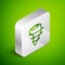 Isometric line Tornado icon isolated on green background. Silver square button. Vector Illustration