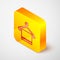 Isometric line Towel on a hanger icon isolated on grey background. Bathroom towel icon. Yellow square button. Vector