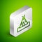 Isometric line Traditional indian teepee or wigwam icon isolated on green background. Indian tent. Silver square button