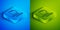 Isometric line Transfer files icon isolated on blue and green background. Copy files, data exchange, backup, PC