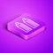 Isometric line Two tall residential towers in the Dnipro city icon isolated on purple background. Purple square button