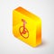 Isometric line Unicycle or one wheel bicycle icon isolated on grey background. Monowheel bicycle. Yellow square button