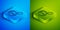 Isometric line Unknown search icon isolated on blue and green background. Magnifying glass and question mark. Square