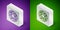 Isometric line Vitamin complex of pill capsule icon isolated on purple and green background. Healthy lifestyle. Silver