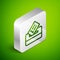 Isometric line Vote box or ballot box with envelope icon isolated on green background. Silver square button. Vector