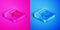 Isometric line Well with a bucket and drinking water icon isolated on pink and blue background. Square button. Vector