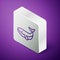 Isometric line Whale icon isolated on purple background. Silver square button. Vector