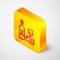 Isometric line Wine bottle with glass and cheese icon isolated on grey background. Romantic dinner. Yellow square button