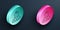 Isometric line Wizard warlock icon isolated on black background. Turquoise and pink circle button. Vector