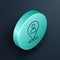 Isometric line Worker location icon isolated on black background. Turquoise circle button. Vector