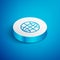 Isometric line Worldwide icon isolated on blue background. Pin on globe. White circle button. Vector Illustration