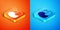 Isometric Little chick in cracked egg icon isolated on orange and blue background. Vector