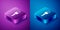 Isometric Locked key icon isolated on blue and purple background. Square button. Vector Illustration