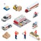 Isometric Logistics icons set of different transportation distribution vehicles, delivery elements. Vehicles designed to