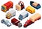 Isometric logistics. Transportation isometric elements set with loaded and empty trucks trailers boxes forklifts