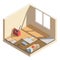 Isometric low poly home room renovation icon. Laying of laminate or parquet board. Tools and materials for room repair.