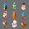 Isometric lowpoly christmas characters winter new year polygonal 3d isolated icons set flat cartoon design vector