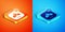 Isometric Lucky wheel icon isolated on orange and blue background. Vector