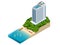 Isometric luxury beach hotel and sea view swimming pool near empty grass floor deck in modern design. Vacation hotel for