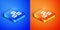 Isometric Macaron cookie icon isolated on blue and orange background. Macaroon sweet bakery. Square button. Vector
