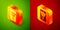 Isometric Mahjong pieces icon isolated on green and red background. Chinese mahjong red dragon game emoji. Square button