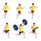 Isometric male athlete during training in the gym, dumbbell, barbell, running, squats, lunges, healthy lifestyle