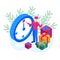 Isometric man in a Christmas hat with gifts on the background of hours. Vector illustration