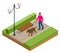 Isometric man with a dog on a leash. Man and dog walk in the park.