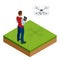 Isometric man with drone quadrocopter, Remote aerial drone with a camera taking photography or video recording. game