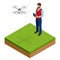 Isometric man with drone quadrocopter, Remote aerial drone with a camera taking photography or video recording. game