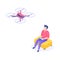 Isometric man with drone. Young men characters with remote aerial quadcopter. Vector isometric quadrocopter illustration