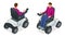 Isometric man on an electric wheelchair. New large motorized electric wheelchair. Mobile scooter.