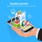 Isometric Man hand using smartphone booking Online Laundry Service. Book Online Laundry Services at the Home concept