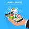 Isometric Man hand using smartphone booking Online Laundry Service. Book Online Laundry Services at Home concept, App on