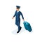 Isometric man, an international airline employee, pilot, captain, carries a suitcase, cap, headpiece. Handsome man in suit