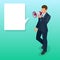 Isometric Man with loudspeaker flat vector illustration. Speaker or loudspeaker.